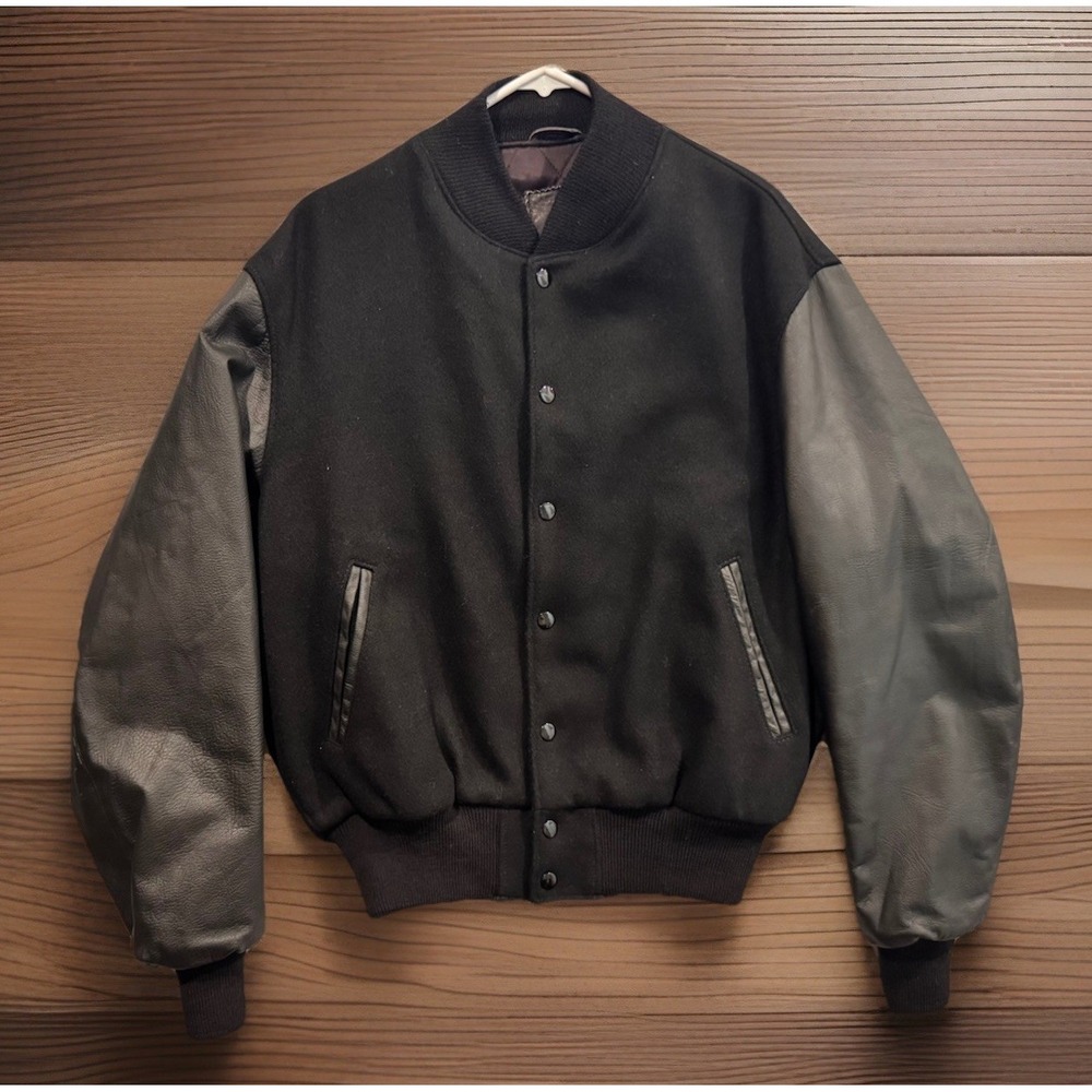 Golden Bear Mens Varsity Wool Bomber Jacket sz L Leather Sleeve Short Length